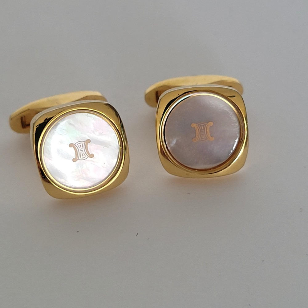 Celine Vintage Triomphe Mother of Pearl Gold Tone Square Cufflinks